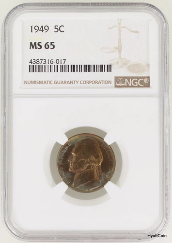 1949 P Jefferson Nickel 5C NGC MS65 Beautifully Toned Color