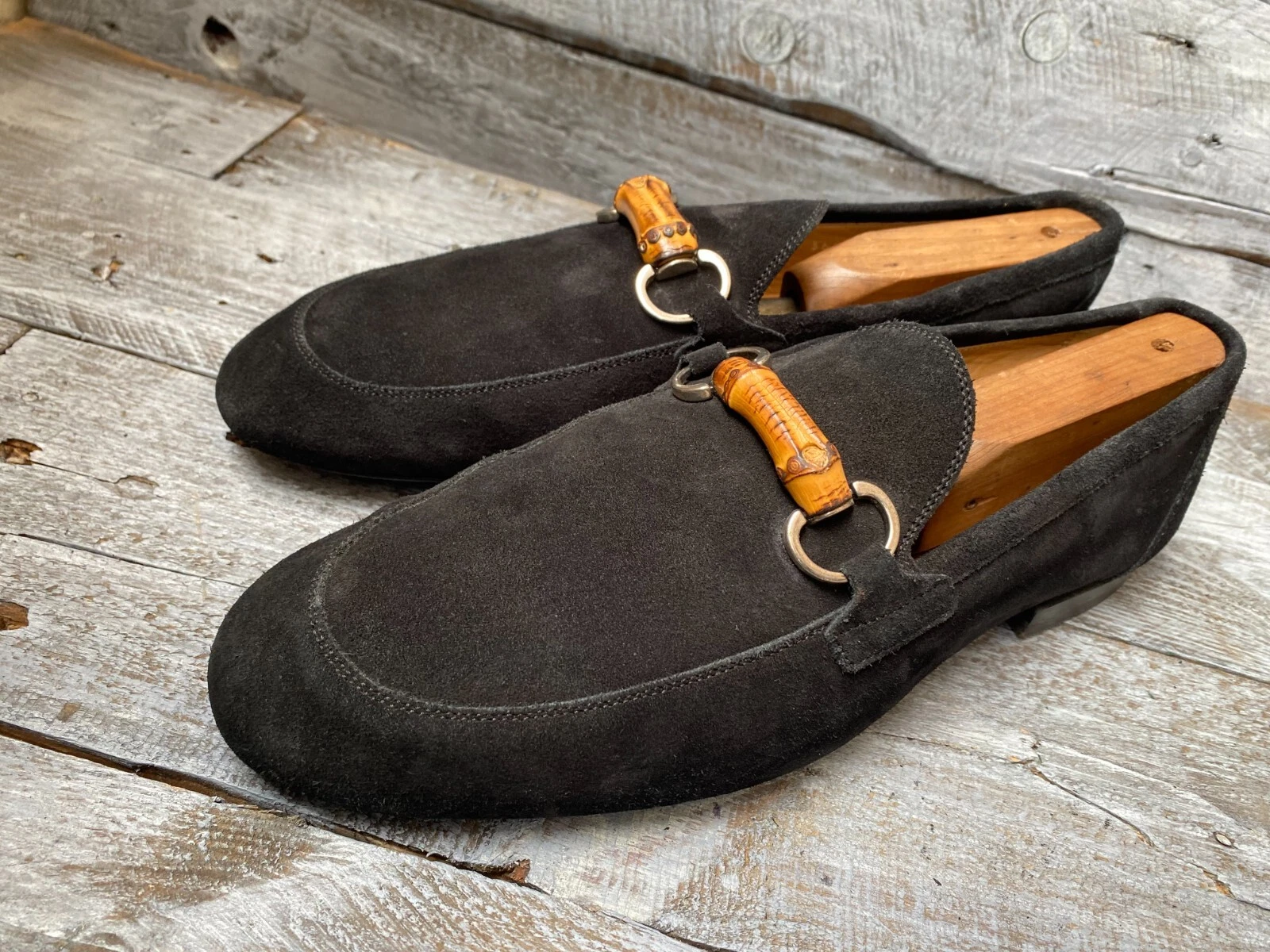 Mocassins GUCCI Horsebit bambou cuir noir daim UK 7,5 US 8,5