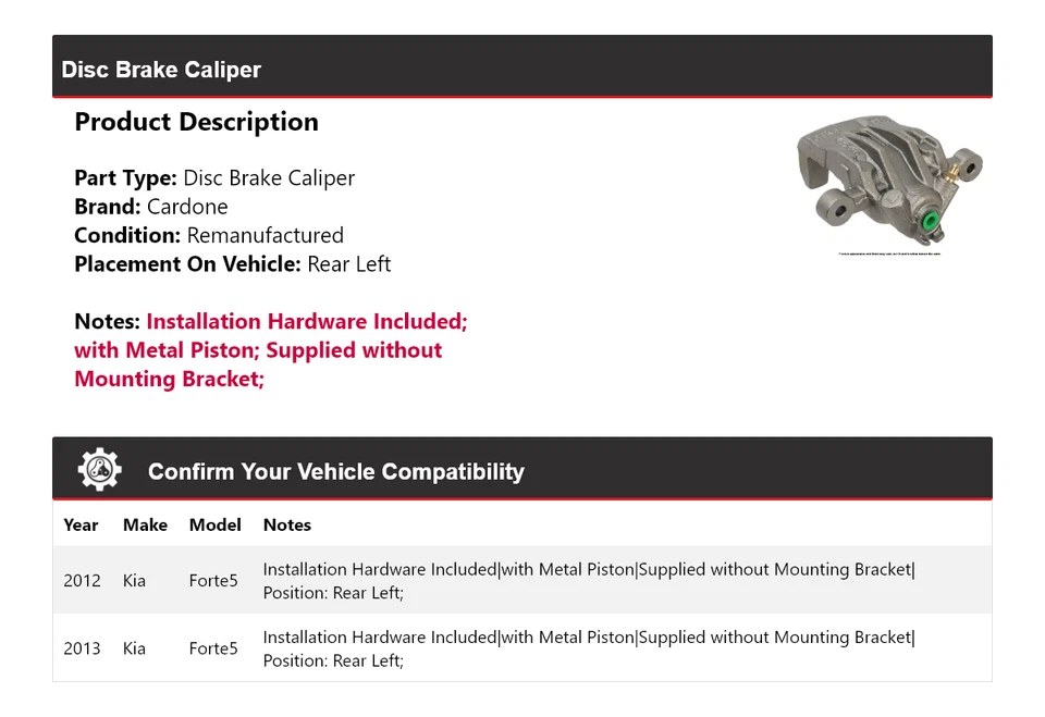 Pinza de freno de disco trasera izquierda cardone para Kia Forte5 2012-2013 Foto 2 de 4