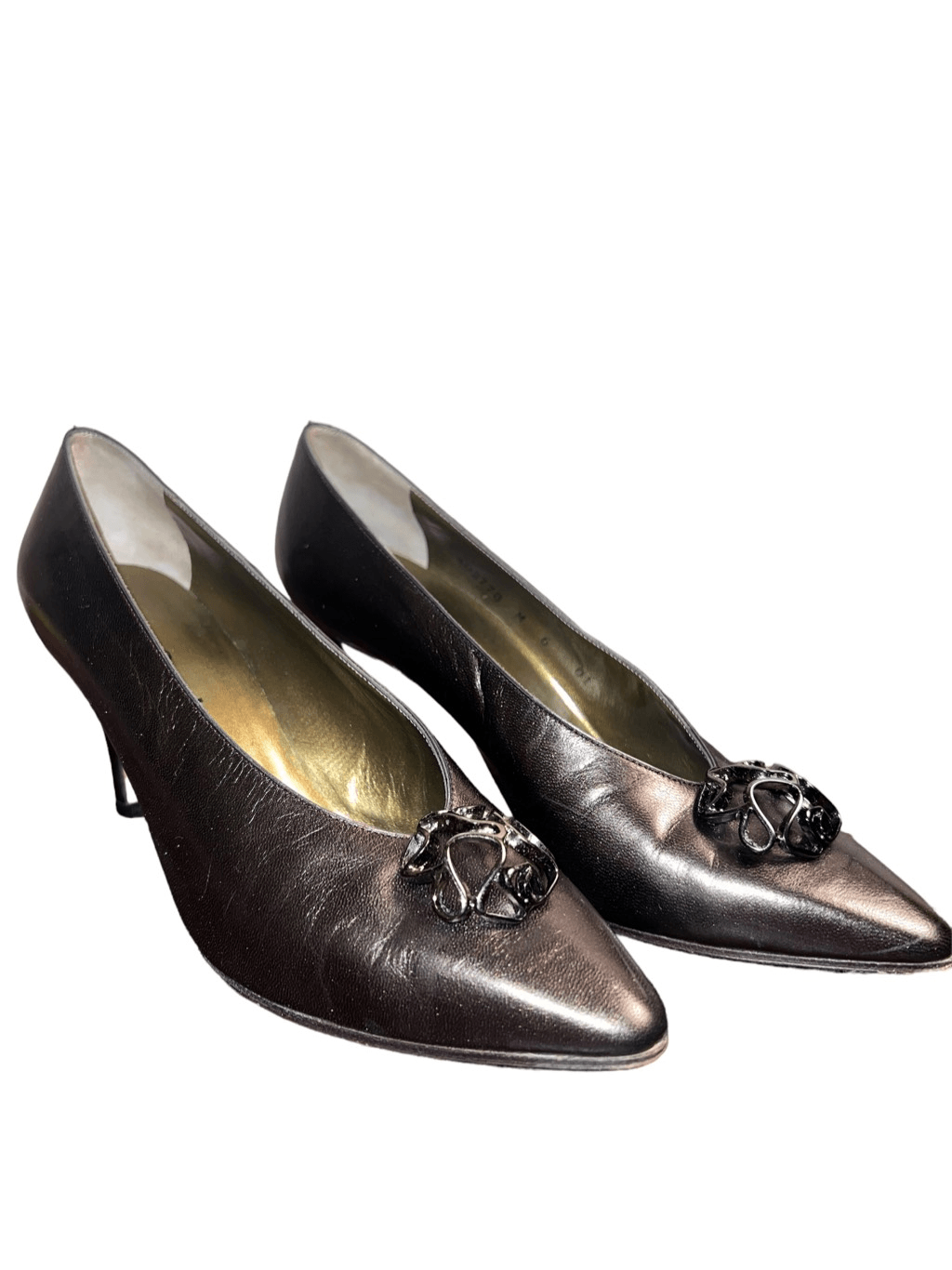 Yves Saint Laurent tacchi vintage in peltro con abbellimento a vortice metallico taglia 6
