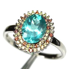 925 Sterling Silver 7 x 9mm. Neon Blue Apatite  Sapphire Jewelry Ring Size 7.75