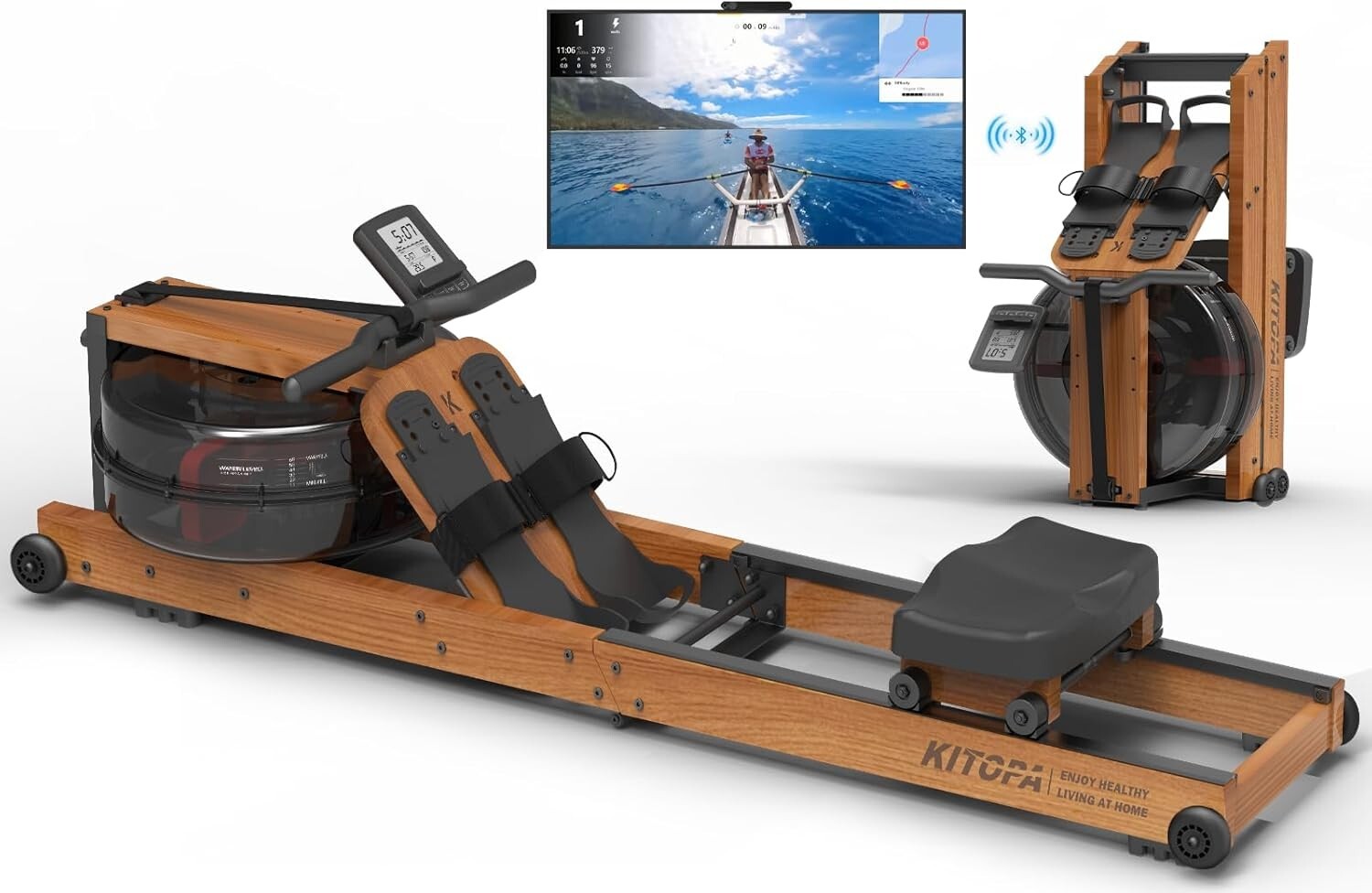 Kitopa Máquina de Remo para Gimnasio en Casa, Roble Plegable Máquina de Remo con Bluetooth