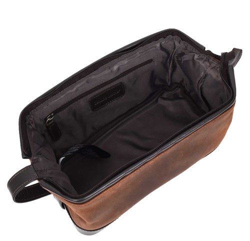 Leather Vintage Wash Bag Toiletry Shaving Dopp Kit With Carry Handle HLG77 Brown - Picture 4 of 5