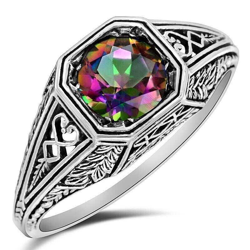 1CT Natural Rainbow Topaz 925 Sterling Silver Victorian Style Ring Sz 6 ZF-3