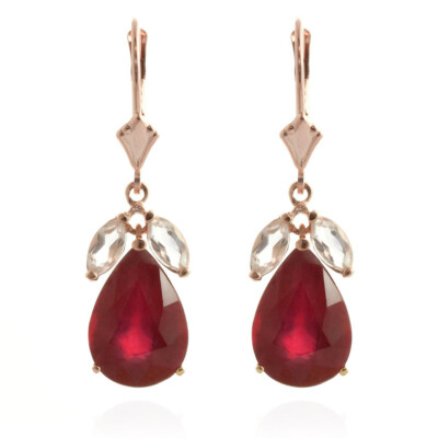 14K. GOLD LEVERBACK EARRING W/ RUBIES & WHITE TOPAZ (Rosa Gold)