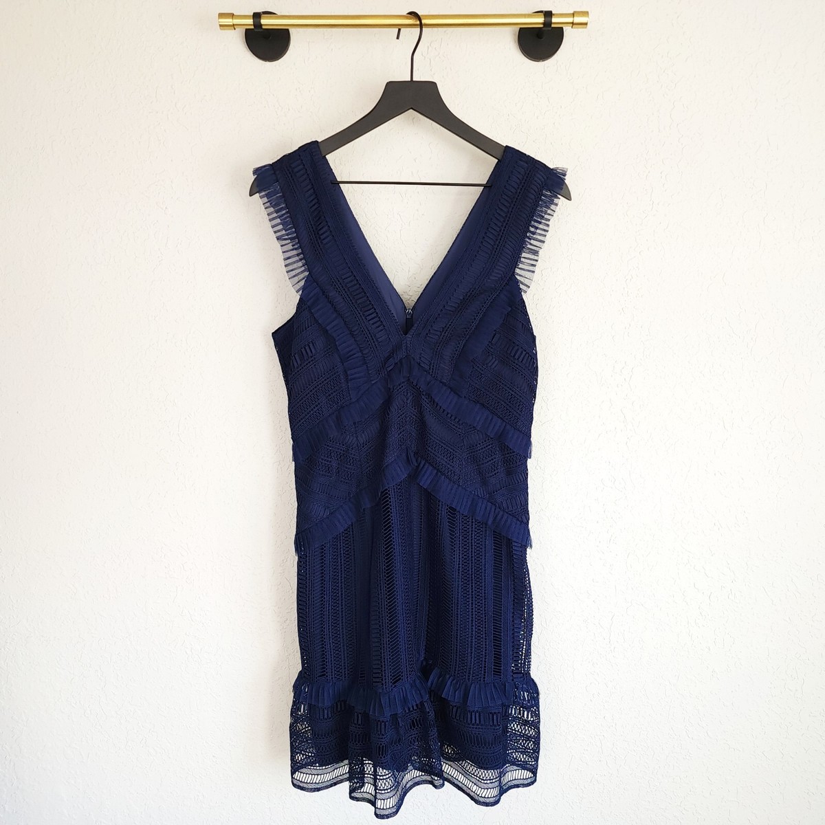 Bardot 10/L Navy Blue Kristen V-Neck Sleeveless Ruffle Lace Sheath Dress  NWT | eBay