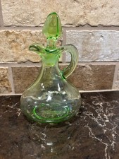 VTG Green Depression Uranium Vaseline Glass Cruet with Crystal Stopper