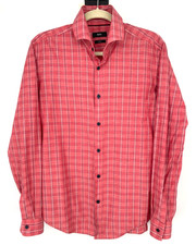 HUGO BOSS mens size M Mason Slim Fit Red Plaid 100 Cotton Long Sleeve Shirt