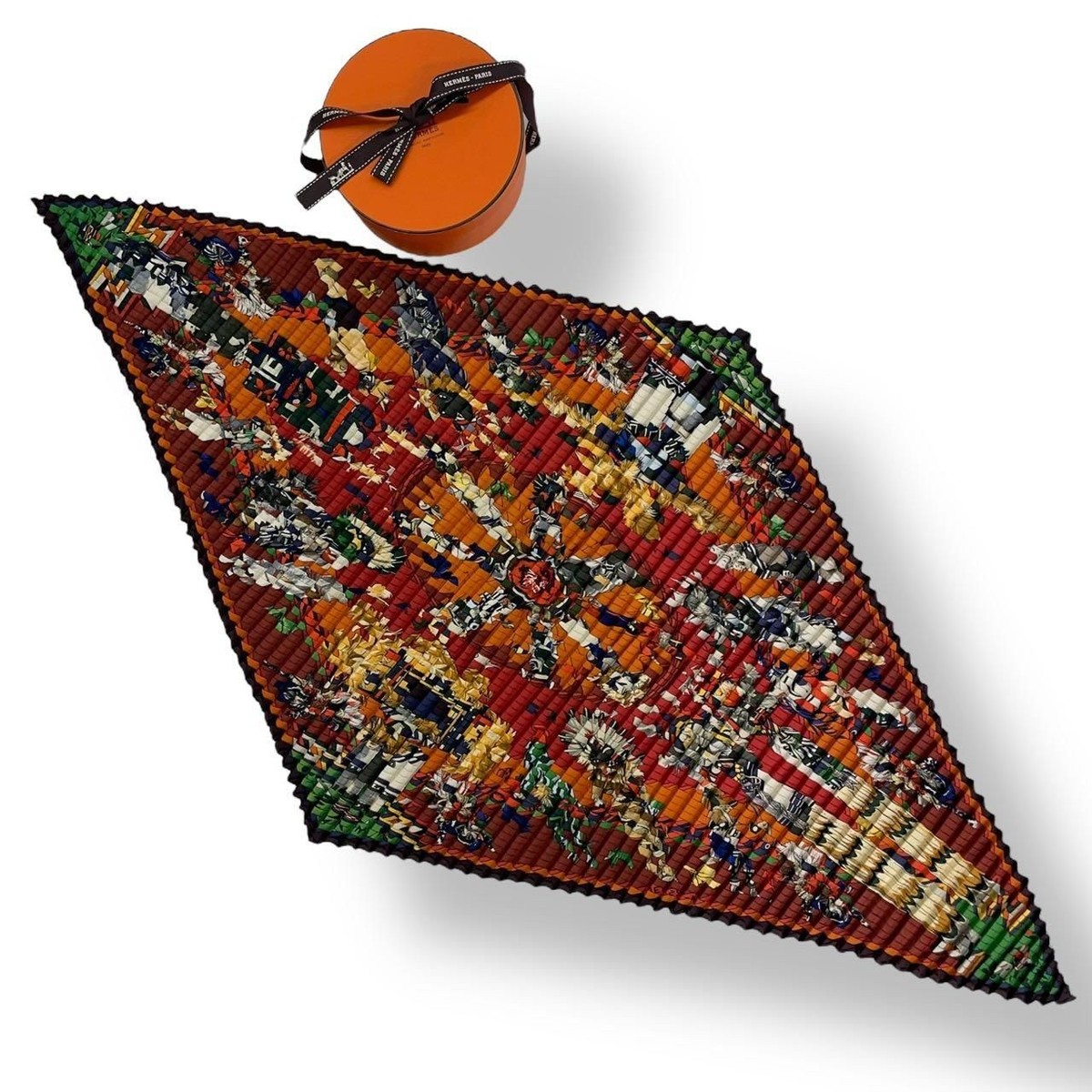 HERMES Pleated Scarf Kachinas Vintage Kermit Oliver Multicolor