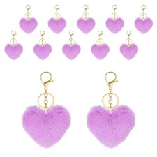 12Pcs Heart Pom Pom Keychain Faux Fur Fluffy Keyring Purple Gold Buckle 