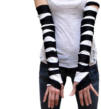 Striped Mummy Gloves Black White Cosplay Costume Arm Warmers Cyber Goth Cut Out
