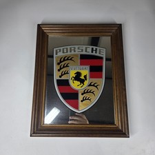 Vintage PORSCHE STUTTGART LOGO WALL MIRROR Wood Frame Man Cave Decor 11.5"x14.5"