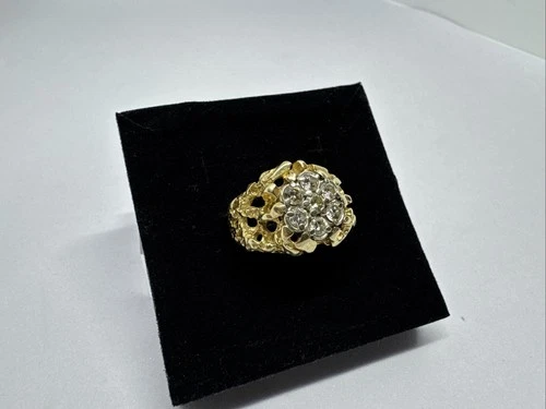 Round 7 Diamond Cluster Ring in 14k Gold Nugget Style Mounting, Size 9.5, 10.6g