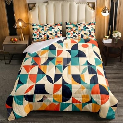  Geometric Comforter Set Size,Retro Abstract Aesthetic Bedding King Teal Orange