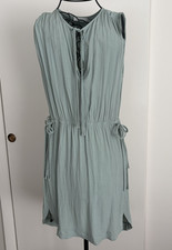 Lush Sage Green Sleeveless Mini Dress Small Tie Neck Drawstring Waist Flowy Boho