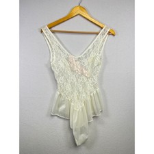 Vintage Ivory Lace Teddy Bodysuit Lingerie Slinky Satin Trim Floral Detail