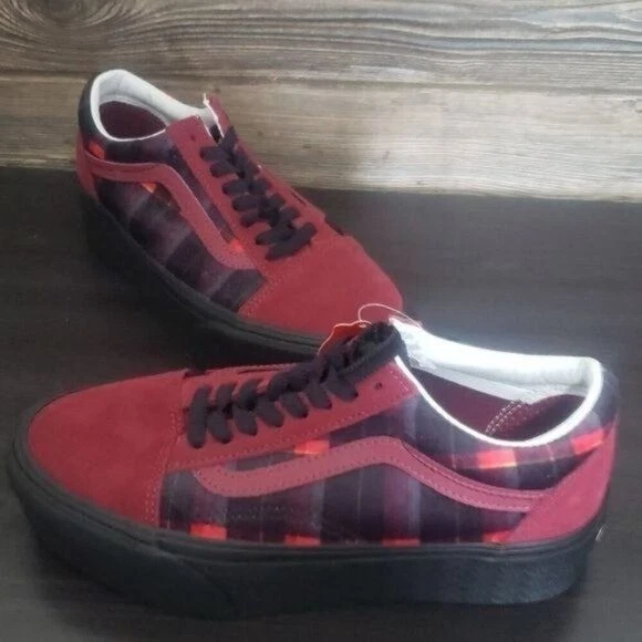 Nuevo Vans Old Skool Rojo Cuadros Plataforma Zapatos Mujer Talla 8 Terciopelo Gótico Vamp Foto 3 de 4
