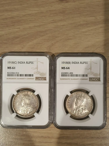 India British One Rupee 1918 (B) MS64 1918 (C) MS61 NGC