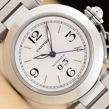 2000 PAPER CARTIER UNISEX PASHA C BIG DATE W31044M7 35MM WHITE STEEL WATCH