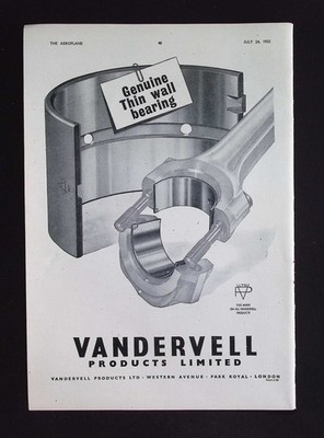 Original 1953 Advert Vandervell Genuine Thin Wall Bearing Engineering