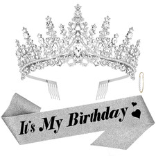 Birthday Tiara and Sash - Silver Birthday Crown for Women, Perfect for Parties a