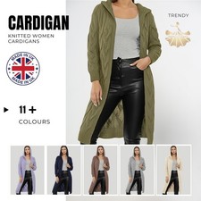 Womens Oversized Cardigan Longline Hooded Cable Knitted Open Front Long Sweater
