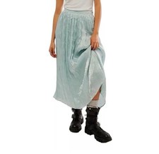 FREE PEOPLE Seaglass Blue Crinkle Pleated Midi Skirt Size 8 Shimmer