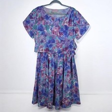 Lisa Cole Dress Floral Print Midi Blue Purple Tie Waist Vintage Made in USA READ