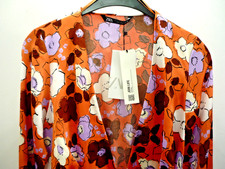ZARA Ladies Orange Floral Satin Long Sleeve Wrap Front Side Tie Mini Dress XS
