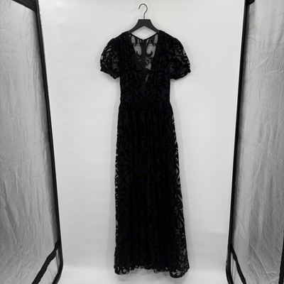 Windsor Black Velvet Burnout Mesh Maxi Dress Short Sleeve V Neck S