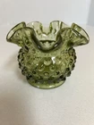 Vintage Fenton Olive Green Ruffled Edge Hobnail Vase 3" x 3.75"x 3.75" Excellent