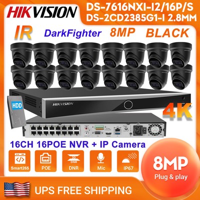 Hikvision 16CH 1U 16POE AcuSense 4K NVR 8MP DarkFighter IR Turret IP Camera Lot