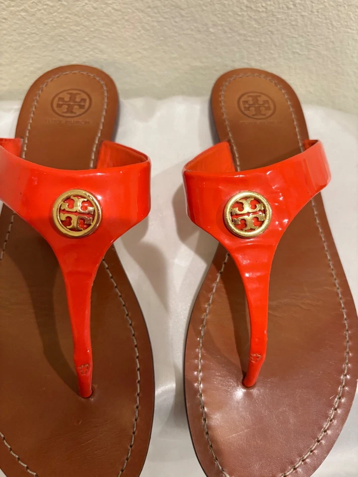 Chanclas/sandalias/diapositivas Tory Burch cuero tostado/logo naranja talla 8 fácil comodidad  Foto 4 de 4