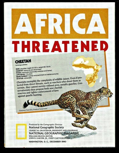 ⫸ 1990-12 December AFRICA ANIMALS THREATENED National Geographic Map School - A3