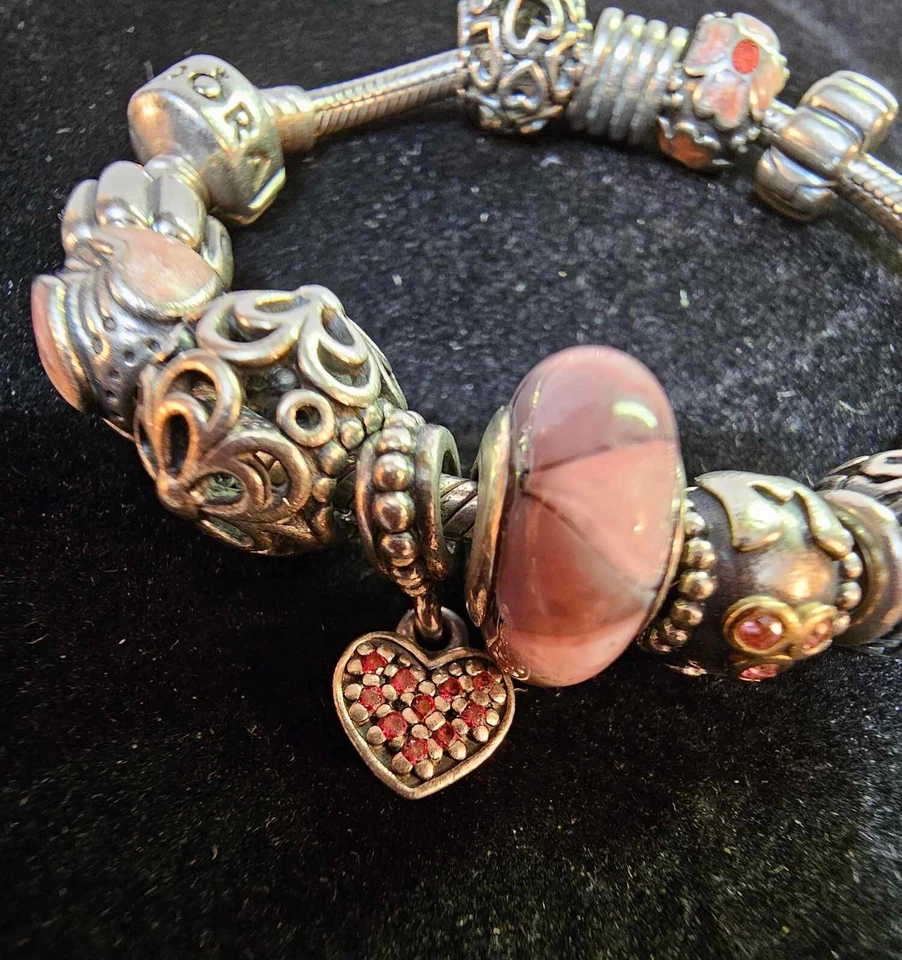 Pulsera Pandora 925 Ale 13 Dijes Plata de Ley Flor Corazón Esmalte 7"-51g-S37 Foto 4 de 4