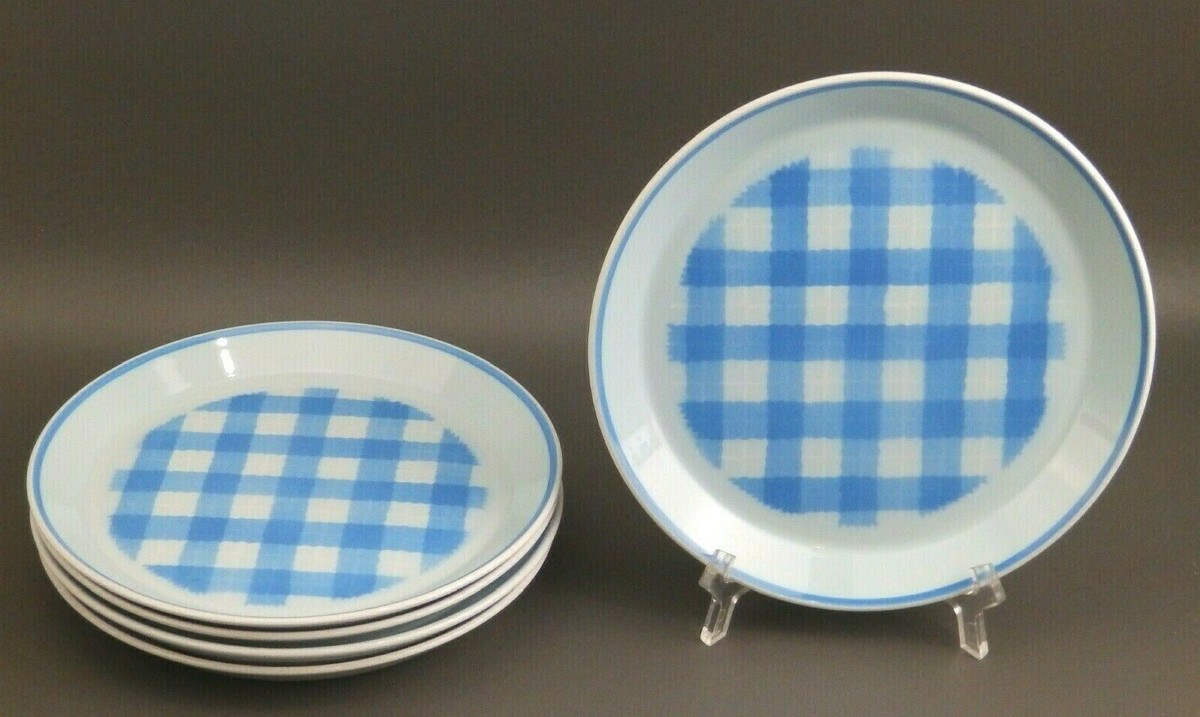 Retired Set 1970s Vintage Mikasa Checkmates Blueberry Blue Plaid Salad  Plates - Main Image