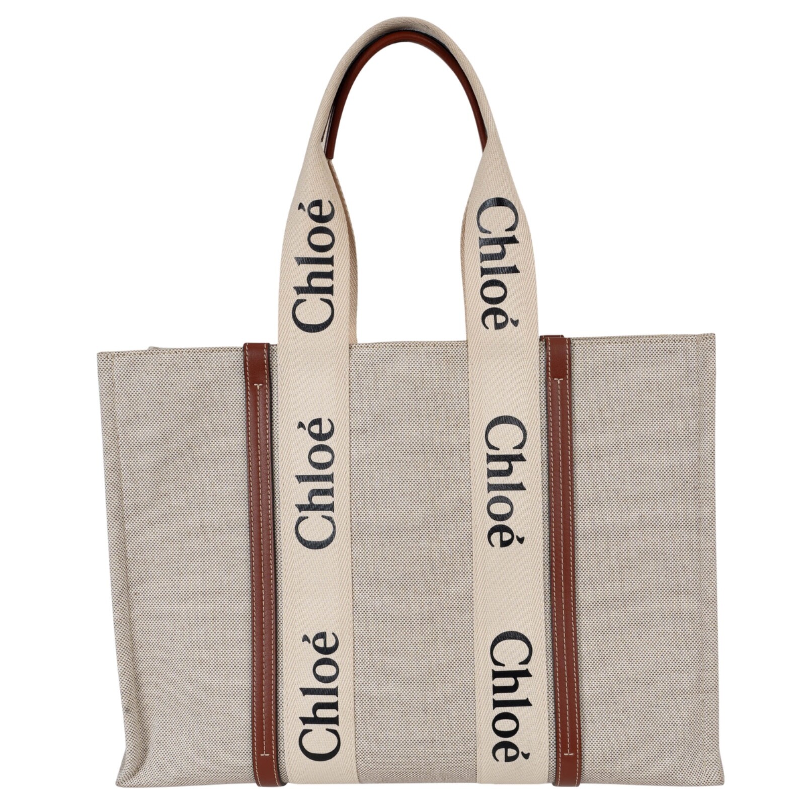 Chloe Woody Large Tote Bag in White and Brown Canvas