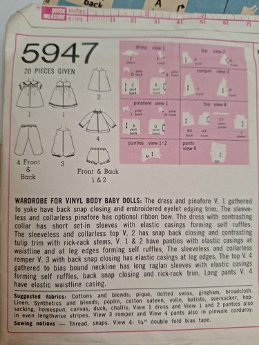 Doll Clothing S 12" 13" Simplicity 5947 Sewing Pattern VTG Dress Pants Panties - Picture 6 of 8