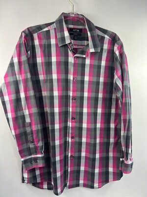 Apt. 9 Shirt Men's Sz 16.5 32/33 Gray/Pink Check Long Sleeve Stretch Slim Fit