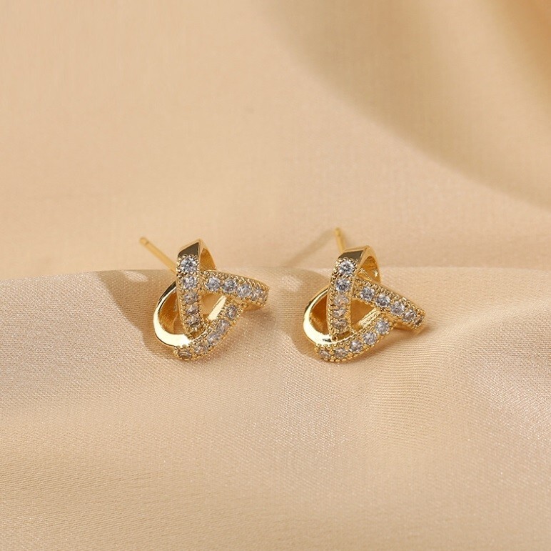 Waltz Triangle Twist Gold Pave Cubic Zirconia Stud Earrings