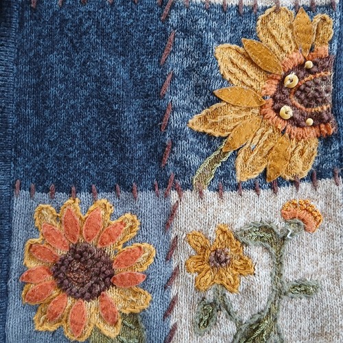 VTG TIARA INTERNATIONAL Size S Blue Yellow Sunflower Ramie Cotton Zip Cardigan - Picture 5 of 7