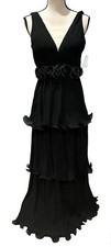 Ieena Mac Duggal Black Plunge Neck Rosette Detail Pleated A-Line Gown Sz 0 $398