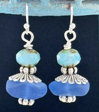 Beautiful Blue Crystal and Frosted Sea Glass Earrings.