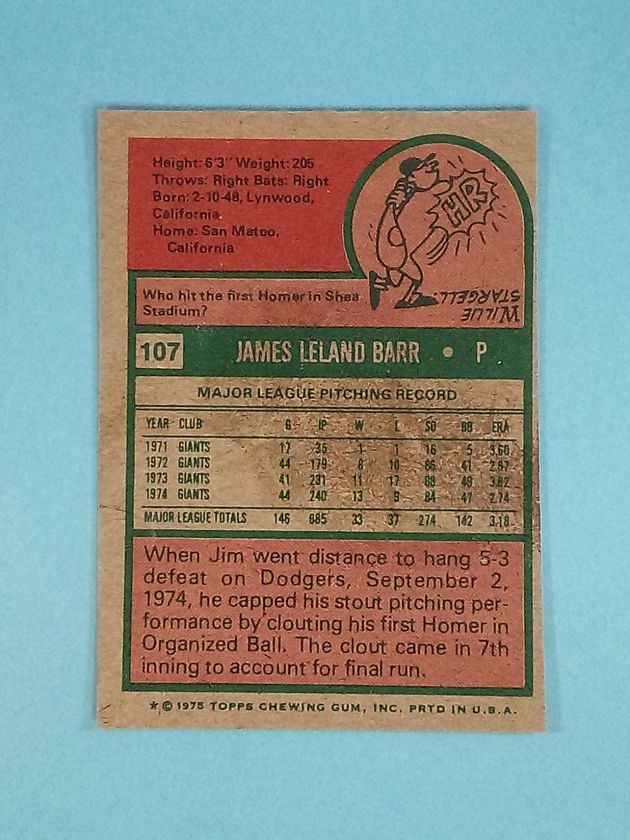 1975 Topps Mini Jim Barr San Francisco Giants #107 EX wax residue