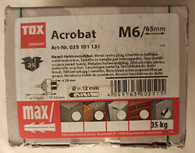 TOX 035101131, 25 Stück Metall Gipskarton-Hohlraumdübel Acrobat M6x65mm, NEU+OVP