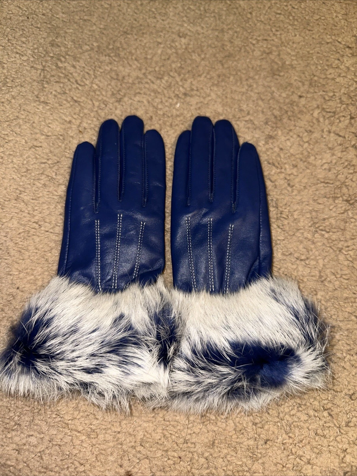New Womens 100% Real Leather Sheepskin Winter Warm Blue Short Gloves Size L