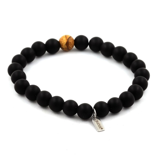 Armband Onyx Matt Schwarz + Landschaftsjaspis 8 Mm. Hergestellt In Frankreich.-image