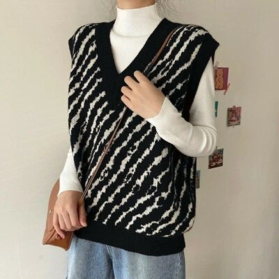 Damen Zebrastreifen Weste Pullover V Ausschnitt Strick - Bild 1 von 4