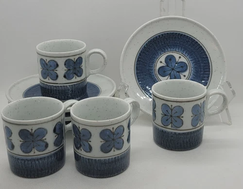 Set of 4 OTAGIRI Demitasse Cups & Saucers MCM Blue Speckled Atomic Stoneware EUC