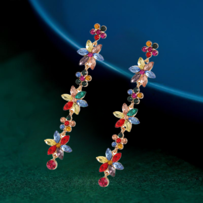 Multi-Color/AB/Pink Crystal Rhinestone Flower Long Dangle  display picture 1